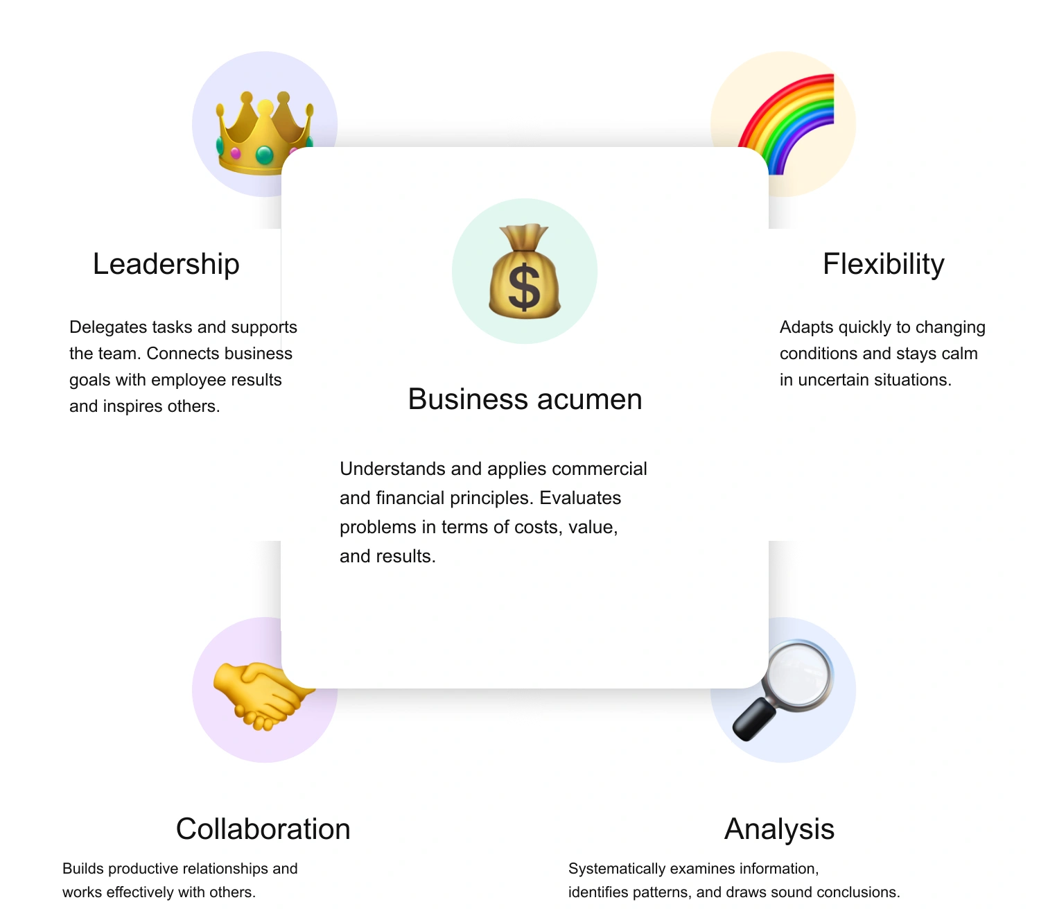 Feedback linked to leadership, flexibility, business acumen, collaboration, and analysis competencies