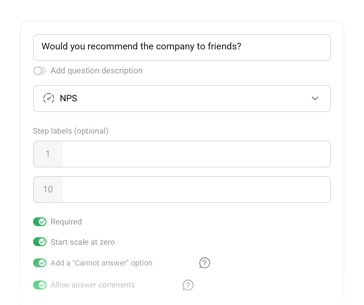 Appraise NPS survey question settings